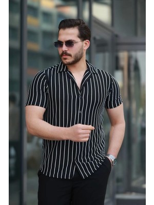 Erkek Kısa Kollu Beyaz Çizgi Desenli Örme Kumaş Pamuklu Gömlek