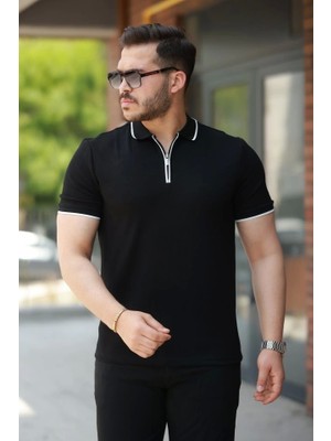 Defy Moda Erkek Fermuar Yakalı Çizgi Detaylı  Kısa Kollu Tişört