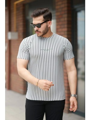 Defy Moda Erkek Dikey Çizgili Ottoman Kumaş Kısa Kollu Tişört