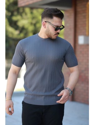 Defy Moda Erkek Bisiklet Yaka Örgü Desenli Kısa Örme Triko Kısa Kollu T-Shirt