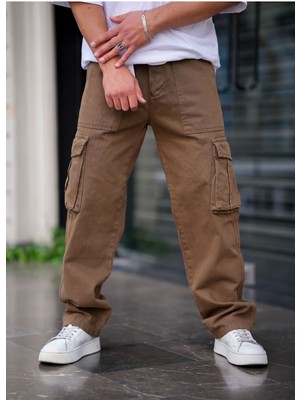 Erkek Kargo Cep Baggy Pantolon Kahve Rengi