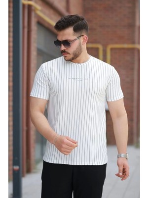 Defy Moda Erkek Dikey Çizgili Ottoman Kumaş Kısa Kollu T-Shirt