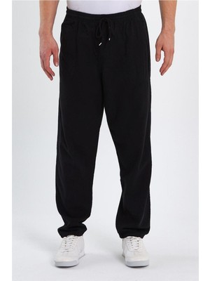 Erkek Siyah Regular Bağcıklı Keten PANTOLON-CREPE1479R01S
