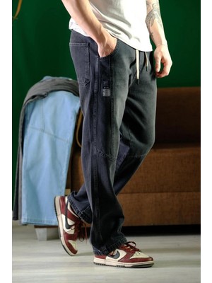 Erkek Koyu Füme Bel Lastikli Bağcıklı Baggy Fit Jean Pantolon