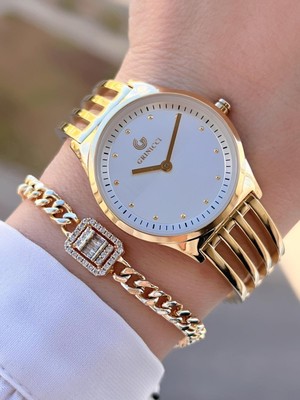 Revello Altın Kaplama Kararma Renk Atma Yapmaz 3ATM Su Geçirmez+Bileklik Lady Wristwatch GRC.101.M2