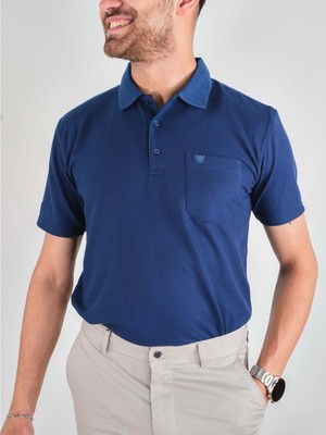 Erkek Yakalı Cepli Waffle Lacivert Baba Tshirt