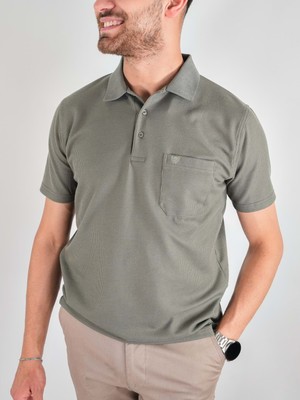 Erkek Yakalı Cepli Waffle Açık Haki Baba Tshirt