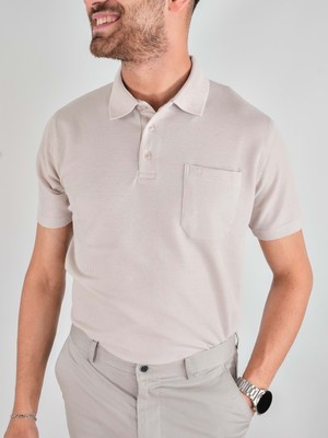 Erkek Yakalı Cepli Waffle Taş Bej Tshirt