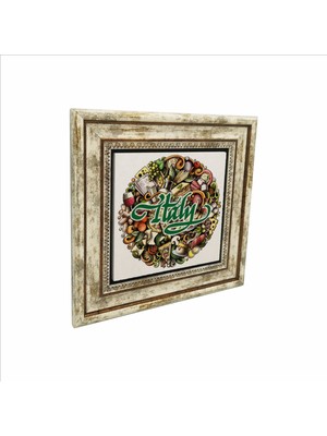 Italyan Mutfağı Sembolleri Baskılı Doğaltaş Tablo (25 x 25 Krg-54)