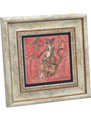 Çello Çalan Kedi Baskılı Doğaltaş Tablo (20 x 20 KRG-172)