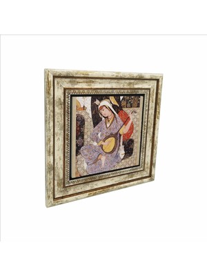 Müzisyen Kadın Minyatür Baskılı Doğaltaş Tablo (25 x 25 KRT-124)