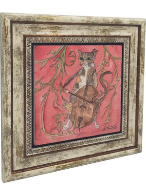 Çello Çalan Kedi Baskılı Doğaltaş Tablo (25 x 25 KRG-172)