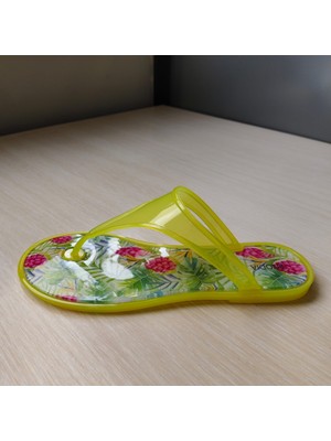 J-9003-2 Ananaslı Desenli Limon Sarısı Jelly Parmak Arası Sandalet