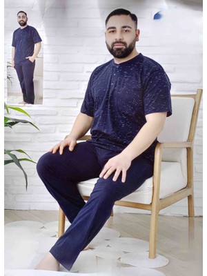 Sude Erkek Battal Lacivert Kısa Kol Cepli Penye Pijama Takımı