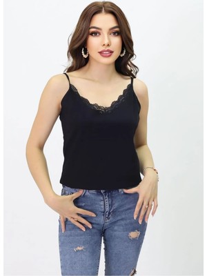 Kadın Ip Askılı Pamuklu Lüx Kalite V Yaka Dantelli Atlet