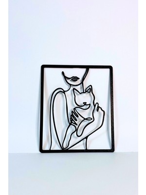 Kadın ve Kedi Silüetli Tek Çizgi Duvar Dekoru | Minimalist Modern Çerçeve Tasarım
