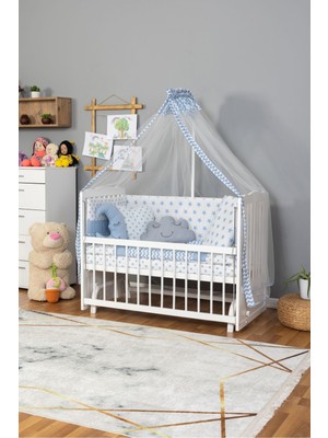 Bamgidoo Ahşap Anne Yanı Beyaz Beşik | Yeni Doğan Bebek Beşiği Mavi Yıldız Desenli + Yatak + 3’lü Yastık Uyku Seti