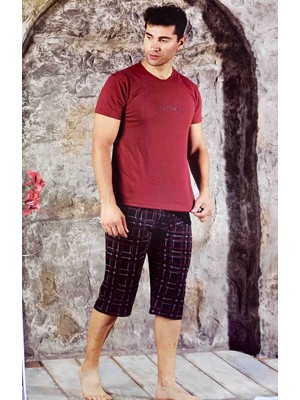 Ercan Erkek Bordo Kaprili Kısa Kol Penye Pijama Takımı