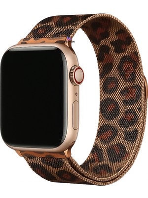 Apple Watch 10 42MM 9 8 7 6 Se Uyumlu 38 40 41MM Leopar Desenli Mıknatıslı Metal Hasır Kordon