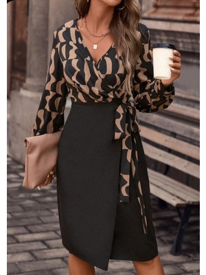 Gelirr Kadın Uzun Kollu Kruvaze Yaka Dijital Baskılı Fiyonk Detay Dalgıç Kumaş Elbise