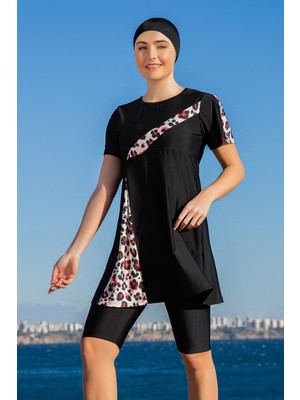 Likralı Kısa Kollu Yarı Kapalı Mayo 25222-1 Siyah