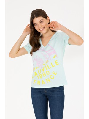 U.S. Polo Assn. Kadın Su Yeşili V Yaka Tişört 50262952-VR083