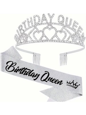 Birthday Queen Yazılı Doğum Günü Tacı ve Kuşağı-Gümüş