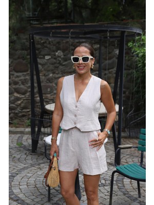 Natural Çift Pile Detay Şort Yelek Takım