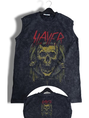 Skull Slayer Ense Baskılı Yıkamalı Kolsuz Tişört, Unisex Rock Band Temalı Sıfır Kol Vintage Atlet