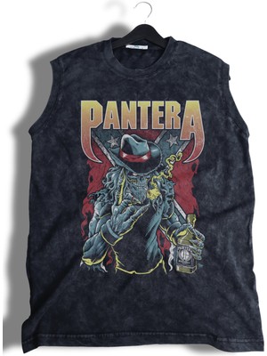 Pantera Baskılı Yıkamalı Kolsuz Tişört, Unisex Rock Band Temalı Sıfır Kollu Vintage Atlet
