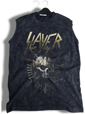 Slayer Baskılı Yıkamalı Kolsuz Tişört, Unisex Rock Band Temalı Sıfır Kol Vintage Atlet