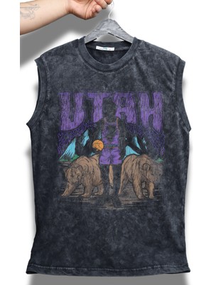 Utah Yazılı Yıkamalı Kolsuz Tişört, Unisex Basketbol Temalı Sıfır Kollu Eskitme Atlet