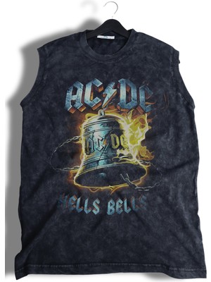 Ac Dc Baskılı Yıkamalı Kolsuz Tişört, Unisex Rock Band Temalı Sıfır Kol Retro Atlet