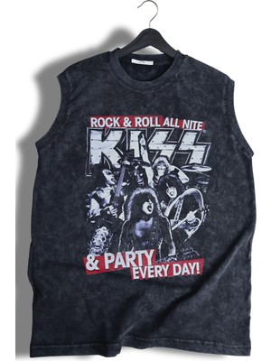 Rock And Roll Kiss Baskılı Yıkamalı Kolsuz Tişört, Unisex Rock Band Temalı Sıfır Kol Retro Atlet