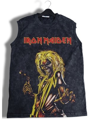 Iron Maiden Baskılı Yıkamalı Kolsuz Tişört, Unisex Rock Band Temalı Sıfır Kol Vintage Atlet