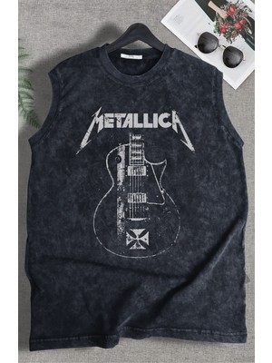 Guitar Metallica Baskılı Yıkamalı Kolsuz Tişört, Unisex Rock Band Temalı Sıfır Kol Vintage Atlet