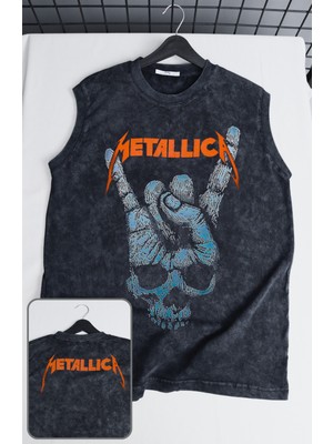 Metallica Rock Baskılı Yıkamalı Kolsuz Tişört, Unisex Rock Band Temalı Sıfır Kollu Vintage Atlet