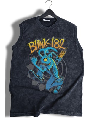 Blink 182 Baskılı Yıkamalı Kolsuz Tişört, Unisex Rock Band Temalı Sıfır Kollu Eskitme Atlet