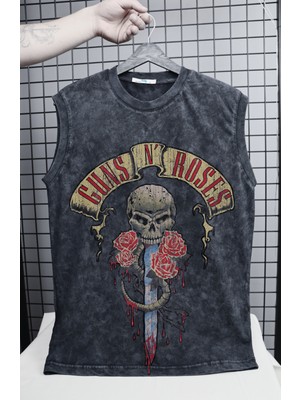 Guns N' Roses Baskılı Yıkamalı Kolsuz Tişört, Unisex Rock Band Temalı Sıfır Kollu Retro Atlet