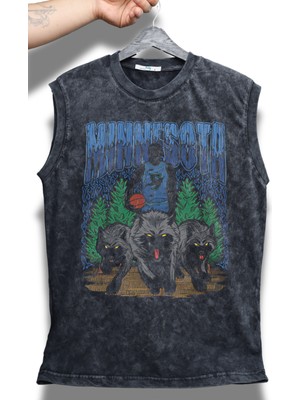Minnesota Yazılı Yıkamalı Kolsuz Tişört, Unisex Basketbol Temalı Sıfır Kollu Retro Atlet