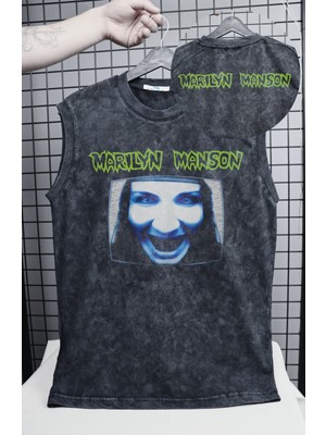 Marilyn Manson Resimli Yıkamalı Kolsuz Tişört, Unisex Rock Band Temalı Sıfır Kollu Vintage Atlet