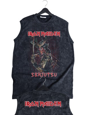 Senjutsu Iron Maiden Ense Baskılı Yıkamalı Kolsuz Tişört, Unisex Rock Band Temalı Sıfır Kol Atlet