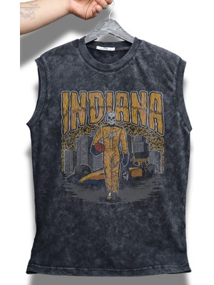 Indiana Yazılı Yıkamalı Kolsuz Tişört, Unisex Basketbol Temalı Sıfır Kollu Vintage Atlet