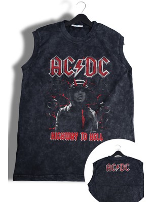 Highway To Hell Ac Dc Baskılı Yıkamalı Kolsuz Tişört, Unisex Rock Band Temalı Sıfır Kol Retro Atlet