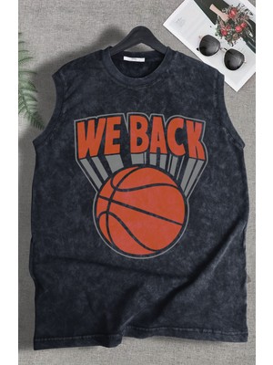 We Back Yazılı Yıkamalı Kolsuz Tişört, Unisex Basketbol Temalı Sıfır Kollu Vintage Atlet
