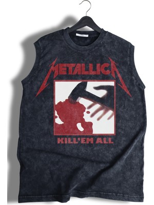 Metallica Kill'em All Yazılı Yıkamalı Kolsuz Tişört,unisex Rock Band Temalı Sıfır Kol Vintage Atlet