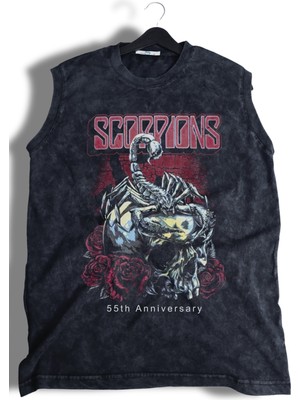 Scorpions Baskılı Yıkamalı Kolsuz Tişört, Unisex Rock Band Temalı Sıfır Kol Eskitme Atlet
