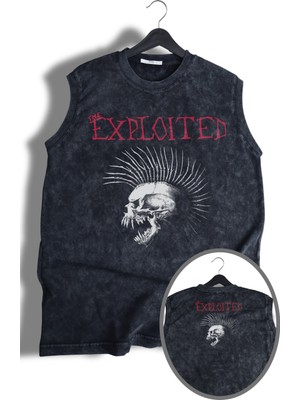 Skull The Exploited Ense Baskılı Yıkamalı Kolsuz Tişört, Unisex Rock Band Temalı Sıfır Kol Atlet