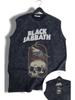 Black Sabbath Raven Ense Baskılı Yıkamalı Kolsuz Tişört, Unisex Rock Band Temalı Sıfır Kol Atlet