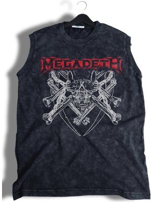 Skull Megadeth Baskılı Yıkamalı Kolsuz Tişört, Unisex Rock Band Temalı Sıfır Kol Retro Atlet